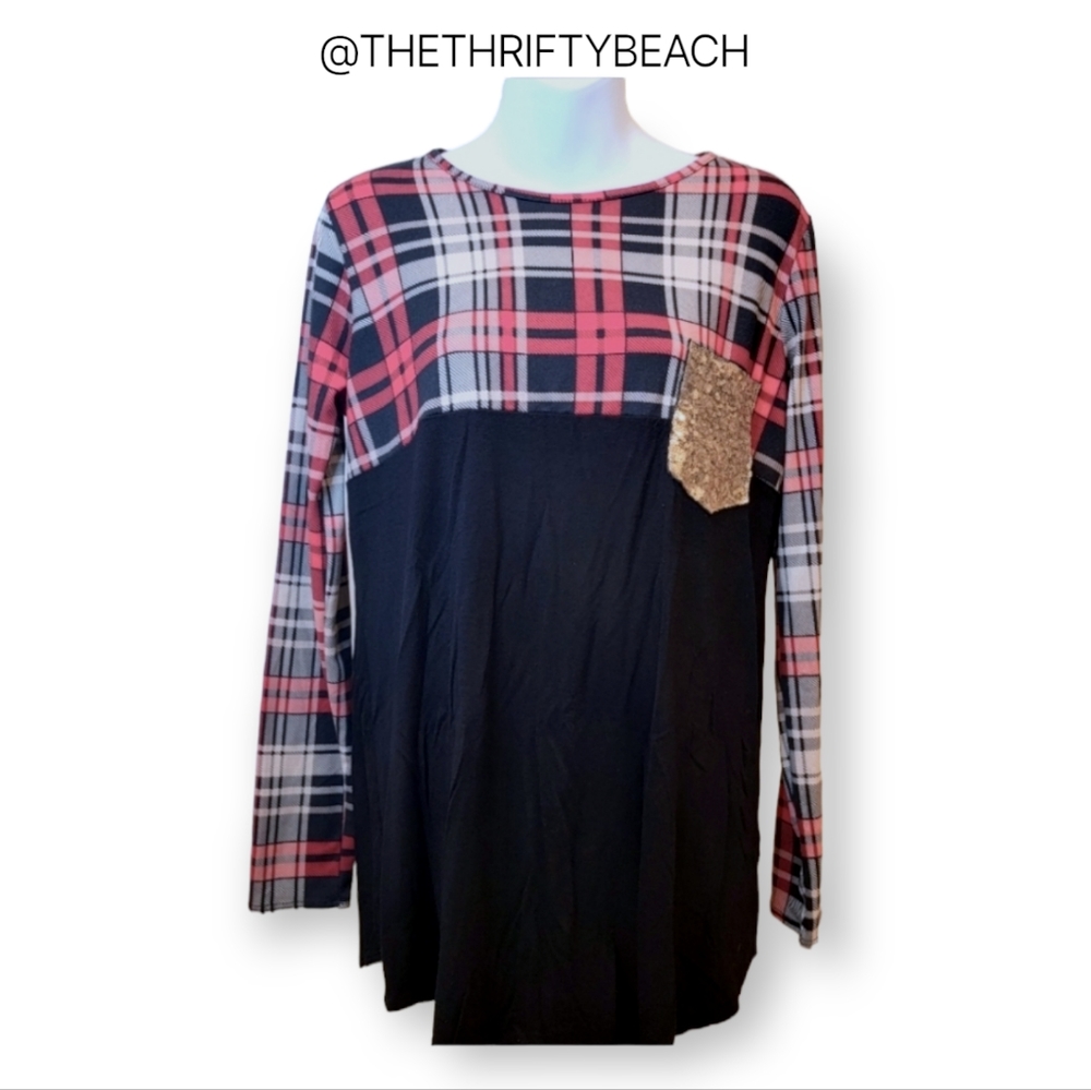 Acting Pro Plaid Color-Block Tunic Top with Sequin Pocket M